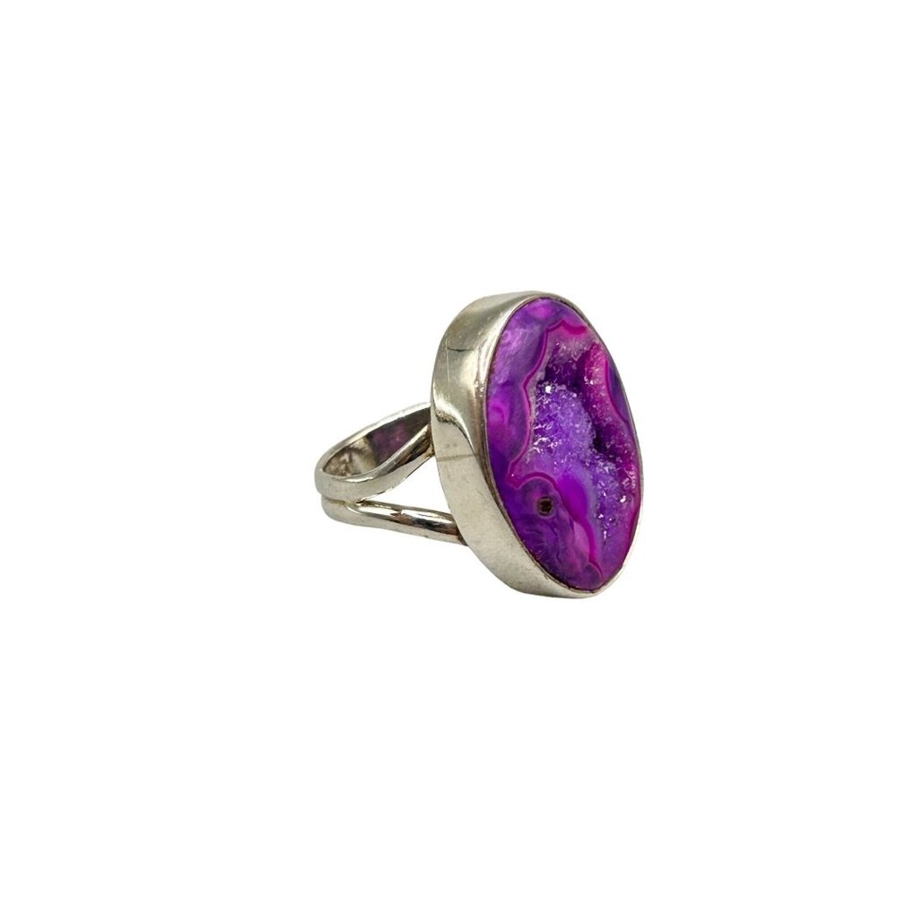 Purple Druzy Agate & Sterling Silver Ring Size 5 Silver 925 Oval Stone Ring